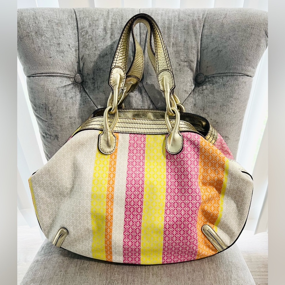 Loewe Fiesta Two-Way Bag in Neon Anagram Canvas & Gold Metallic Leather